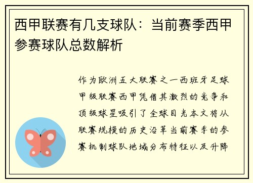 西甲联赛有几支球队：当前赛季西甲参赛球队总数解析
