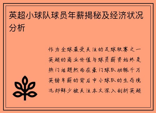英超小球队球员年薪揭秘及经济状况分析